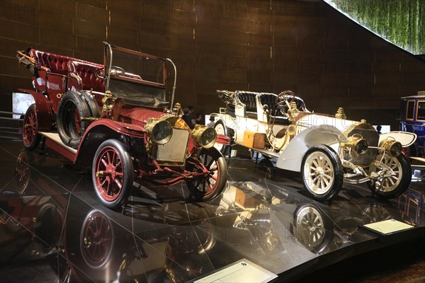 Benz 18 hp double phaeton and Mercedes 75 hp double phaeton, Mercedes-Benz Museum, Stuttgart, Baden-Wuerttemberg, Germany, Europe