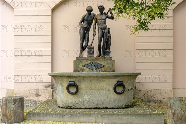 Ildefonso Fountain with a copy of the late antique Ildefonso group, described by Goethe as Castor and Pollux, at the Neue Wache in front of the Yellow Palace in Weimar, Thuringia, Germany, condition 13 August 2020, Europe