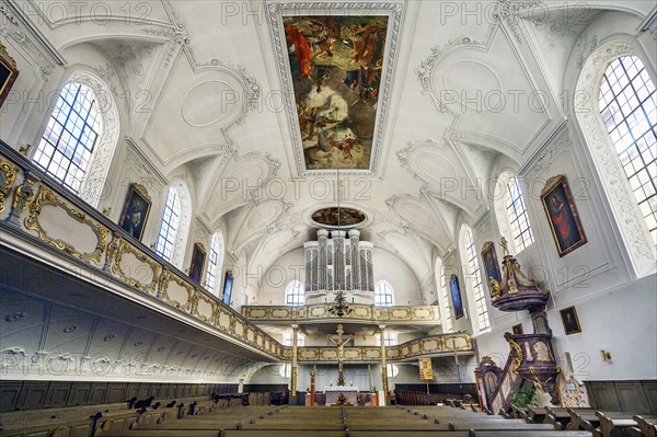 Organ loft, Dreifaltigkeitskirche, Kaufbeuern, Allgaeu, Swabia, Bavaria, Germany, Europe