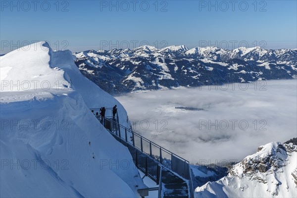View from the Nordwandsteig on the Nebelhorn summit (2224m) to the Hoerner group, Oberstdorf, Allgaeu, Swabia, Bavaria, Germany, Oberstdorf, Bavaria, Germany, Europe