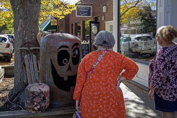 Saugatuck, Michigan, Tourists view a piece of artwork in Saugatuck, a town on the shore of Lake Michigan that thrives on tourism. The town has many art galleries, unique shops, and restaurants