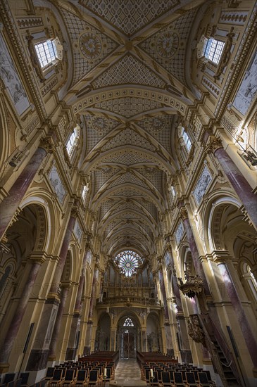 Nave with organ loft and Gothic rose window, Ebrach Abbey, former Cistercian abbey, Ebrach, Lower Franconia, Bavaria, Germany, Europe