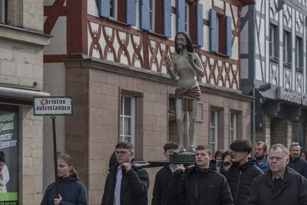 Historic Good Friday procession for 350 years with life-size wood-carved figures from the 18th century, Neunkirchen am Brand, Middle Franconia, Bavaria, Germany, Europe