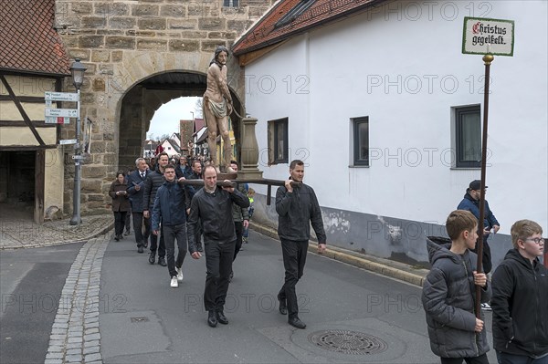 Historic Good Friday procession for 350 years with life-size wood-carved figures from the 18th century, Neunkirchen am Brand, Middle Franconia, Bavaria, Germany, Europe