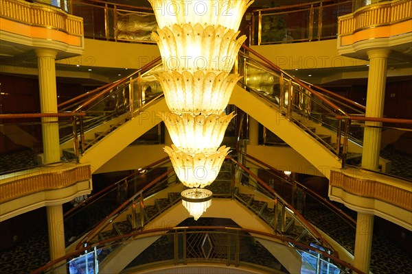 Cruise ship on the Yangtze River, Yichang, Hubei Province, China, Asia, A large, luxurious staircase illuminated by a huge chandelier, Shanghai, Asia
