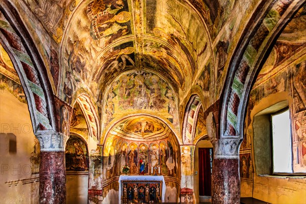 Centre apse with altar and Trinity as throne of grace, Gothic frescoes from 1490, a highlight of medieval wall painting, by Johannes von Kastav, Romanesque Church of the Holy Trinity, 15th century, Hrastovlje, Slovenia, Hrastovlje, Slovenia, Europe