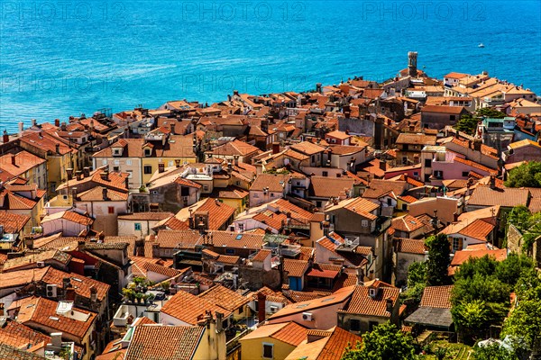 View from the bell tower over Piran, harbour town of Piran on the Adriatic coast with Venetian flair, Slovenia, Piran, Slovenia, Europe