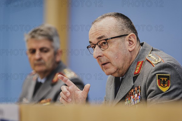 (R-L) General Carsten Breuer, Inspector General of the Bundeswehr, and Lieutenant General Alexander Sollfrank, Commander of the Joint Support and Enabling Command (JSEC), at a federal press conference on the military exercise 'Quadriga' in Berlin, 22 April 2024