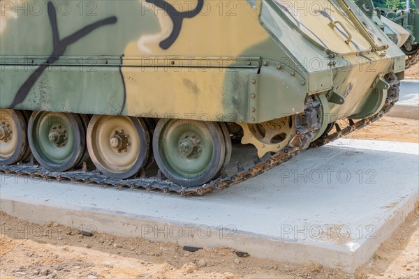 Tracks and lower portion of military vehicle used in Korean war on display in public park in Nonsan, South Korea, Asia