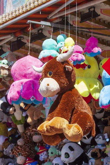 Colourful stuffed animals at a lottery booth at the Bremen Easter Fair, Buergerweide, Bremen, Germany, Europe