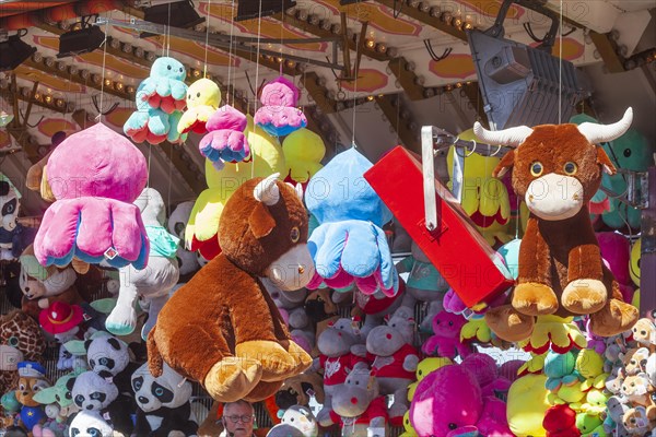 Colourful stuffed animals at a lottery booth at the Bremen Easter Fair, Buergerweide, Bremen, Germany, Europe