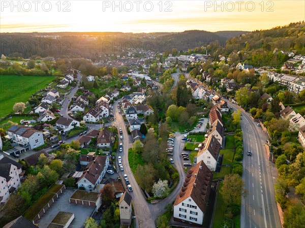 Dusk over a quiet residential neighbourhood, captured in an aerial view during spring, spring, Calw, Black Forest, Germany, Europe