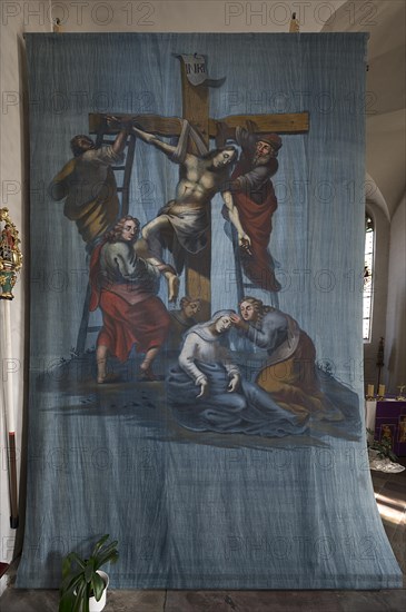 Historic Lenten cloth in front of the left side altar, created around 1890, St Laurentius Church, Schoenau an der Brend, Lower Franconia, Bavaria, Germany, Europe
