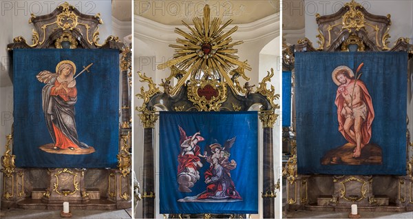 Compilation of three historical Lenten cloths, made in 1726, in front of the altars, St Nicholas parish church, Gundelsheim, Baden-Wuerttemberg, Germany, Europe