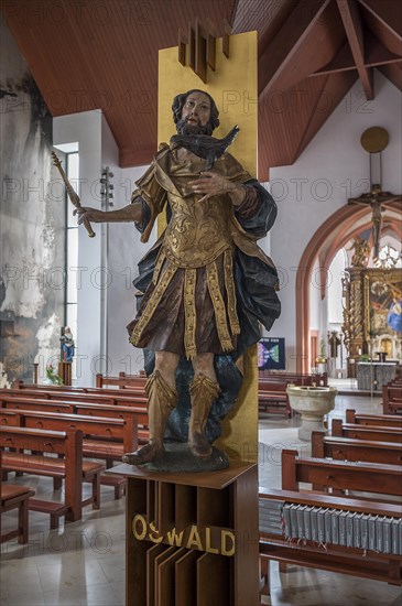 Sculpture of St Oswald, patron saint of St Oswald's Church, Baunach, Upper Franconia, Bavaria, Germany, Europe