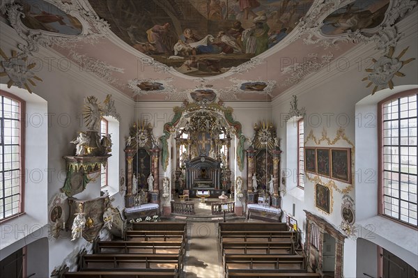 Church interior with altar, in front the Holy Sepulchre, behind it the historic Lenten cloth, St Wendelin, Kirchenweg 8, Eyershausen, Lower Franconia, Bavaria, Germany, Europe