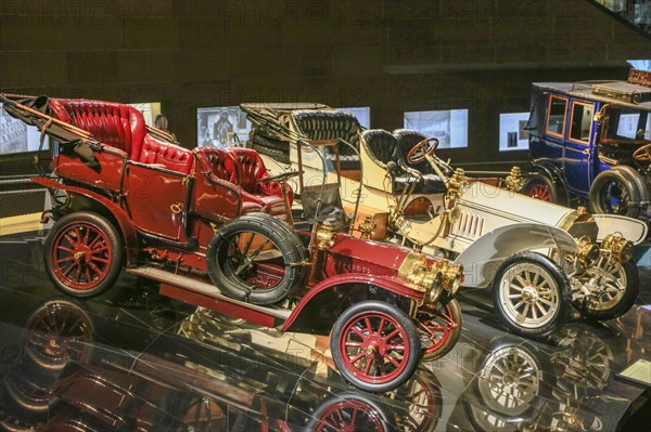 Benz 18 hp double phaeton and Mercedes 75 hp double phaeton, Mercedes-Benz Museum, Stuttgart, Baden-Wuerttemberg, Germany, Europe