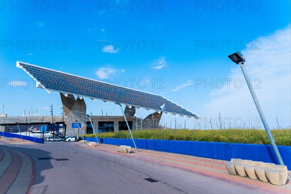 The photovoltaic pergola in the Forum district, a sail the size of a football pitch made of solar panels in the harbour on the beach in Barcelona, Spain, Europe