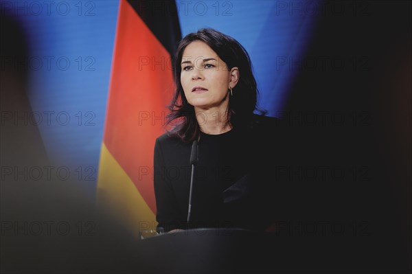 Annalena Baerbock (Alliance 90/The Greens), Federal Foreign Minister, photographed during a joint press conference with Ayman Safadi (not pictured), Foreign Minister of Jordan, after a joint meeting in Berlin, 16 April 2024 / Photographed on behalf of the Federal Foreign Office