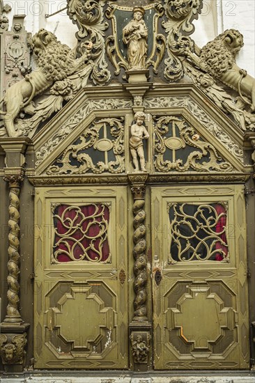 Richly decorated portal of one of the tomb chapels in the side aisles of St Mary's Church in the historic old town of Rostock, Mecklenburg-Western Pomerania, Germany, Europe