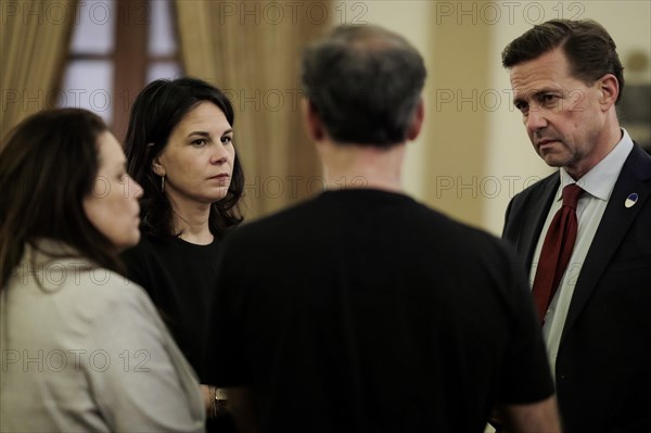 Annalena Baerbock (Alliance 90/The Greens), Federal Foreign Minister, photographed during a meeting with relatives of Israeli hostages, in Jerusalem, 16 April 2024. On the right in the picture is Steffen Seibert, German Ambassador to Israel. Photographed on behalf of the Federal Foreign Office