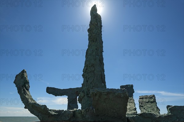 Backlit sculpture by the artist Jean-Michel Solves La Dame de Bourgenay 2003, at the marina Port Bourgenay of Talmont St Hilaire, Vendee, France, Europe