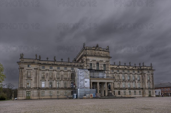 Ludwigslust Palace of the Dukes of Mecklenburg-Schwerin in the palace park, scaffolding in front of the baroque palace due to renovation work, Ludwigslust, Mecklenburg-Vorpommern, Germany, Europe