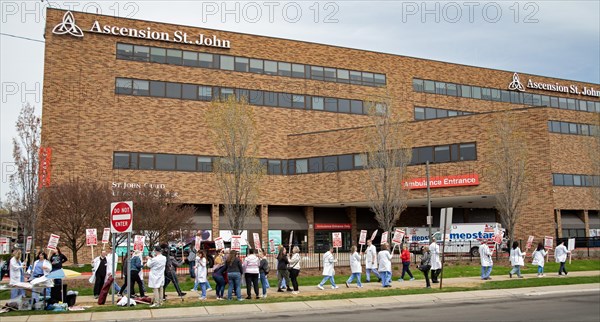 Detroit, Michigan USA, 18 April 2024, Doctors in the emergency room at Ascension St. John Hospital began a one-day strike to protest understaffing and unsafe conditions. The emergency room is operated by Team Health, which is owned by the private equity firm Blackstone. The 43 emergency doctors, physician assistants, and nurse practitioners organized the Greater Deroit Association of Emergency Physicians nearly a year ago