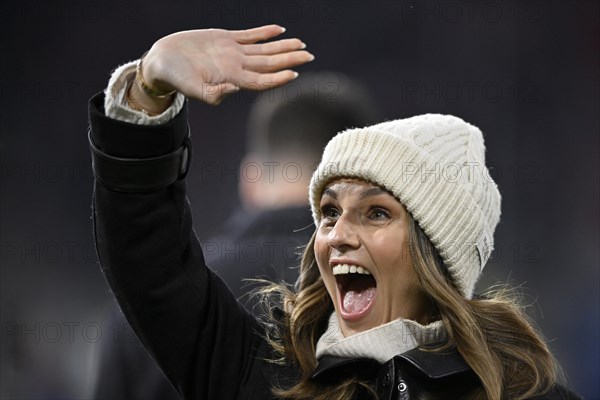 TV presenter Laura Wontorra DAZN, portrait, cap, laughs, waves to her fans, Allianz Arena, Munich, Bavaria, Germany, Europe