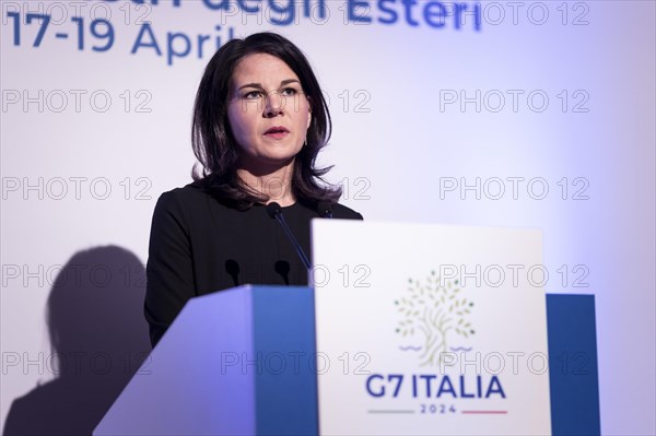 Annalena Baerbock (Alliance 90/The Greens), Federal Foreign Minister, photographed at a press conference during the meeting of the G7 foreign ministers in Capri, 18 April 2024. Photographed on behalf of the Federal Foreign Office