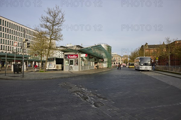 Bus station with road damage in Bremen, Hanseatic City, State of Bremen, Germany, Europe