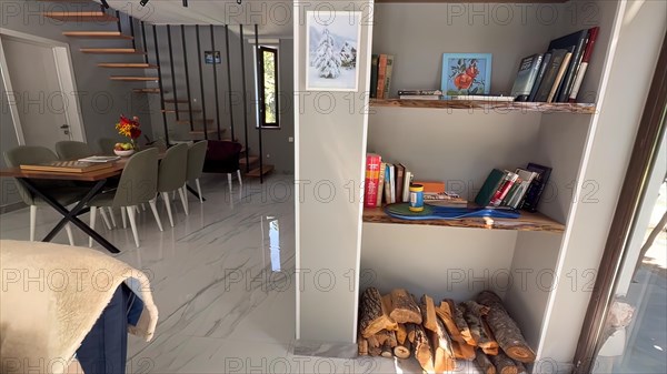 Interior of a modern living room with bookshelves and chairs