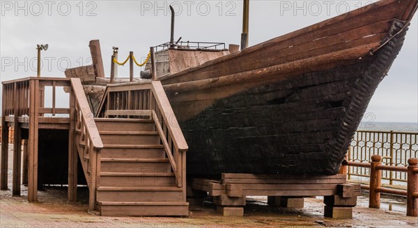 Wooden boat used by defectors from North Korea on display at Unification Park in Gangneung, South Korea, Asia