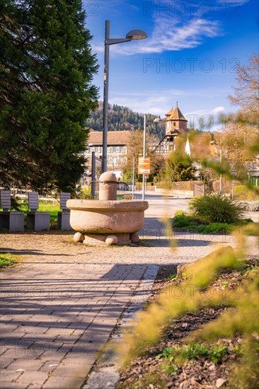 A village square with a fountain and a view of a castle in the background, spring, Calw, Black Forest, Germany, Europe