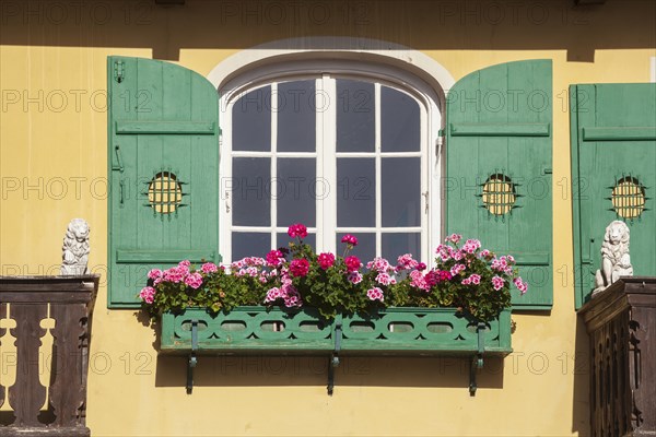 Old, green wooden window with shutters and flower box, Garmisch district, Garmisch-Partenkirchen, Werdenfelser Land, Upper Bavaria, Bavaria, Germany, Europe