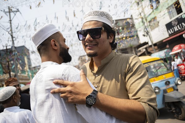 GUWAHATI, INDIA, APRIL 11: Muslims celebrate Eid al-Fitr, which marks the end of the fasting month of Ramadan, after performing Eid al-Fitr prayer at Eidgah in Guwahati, India on April 11, 2024. Muslims around the world are celebrating the Eid al-Fitr holiday, which marks the end of the fasting month of Ramadan