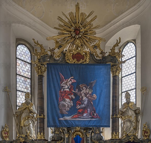 Historic Lenten cloth, made in 1726, in front of the main altar, St Nicholas parish church, Gundelsheim, Baden-Wuerttemberg, Germany, Europe