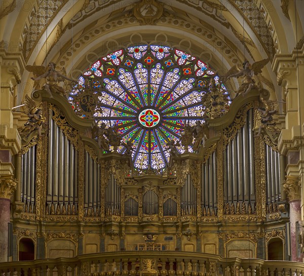 Main organ built around 1742, the Gothic rose window at the back, St Roch's Monastery Church, Ebrach, Lower Franconia, Bavaria, Germany, Europe