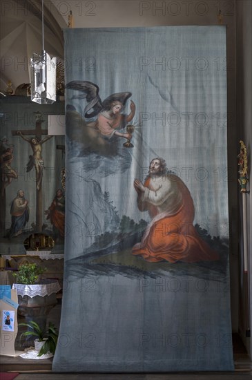 Historic Lenten cloth in front of the right side altar, created around 1890, St Laurentius Church, Schoenau an der Brend, Lower Franconia, Bavaria, Germany, Europe