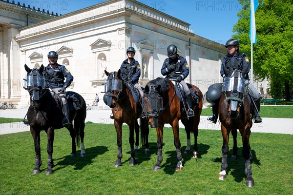 Munich March for Life, protest march against abortion, 13 April 2024, mounted police in front of the Glyptothek on Koenigsplatz, Munich, Bavaria, Germany, Europe