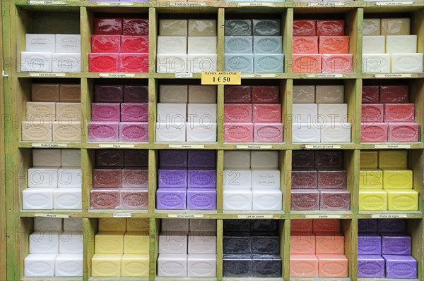 Various soaps in front of a shop, Aigues-Mortes, Camargue, Gard, Languedoc-Roussillon, South of France, France, Europe