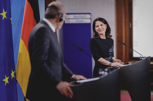 (R-L) Annalena Baerbock (Alliance 90/The Greens), Federal Foreign Minister, and Ayman Safadi, Foreign Minister of Jordan, speak to the media after a joint meeting in Berlin, 16 April 2024 / Photographed on behalf of the Federal Foreign Office