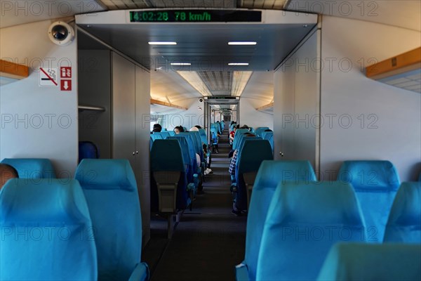 Shanghai Transrapid Maglev Shanghai Maglev Train Station Station, Shanghai, China, Asia, View into the interior of a high-speed train with information screen about speed, Asia