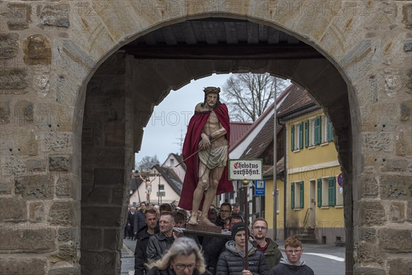 Historic Good Friday procession for 350 years with life-size wood-carved figures from the 18th century, Neunkirchen am Brand, Middle Franconia, Bavaria, Germany, Europe