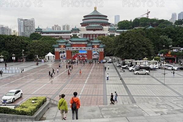 Chongqing, Chongqing Province, China, Asia, Another view of a busy city square with the city hall in the background and light traffic, Asiawith a, Asia
