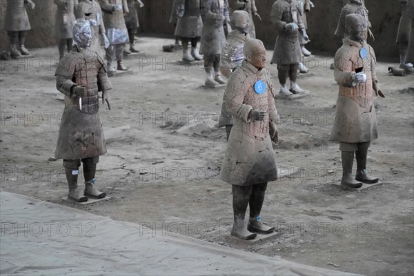 Figures of the terracotta army, Xian, Shaanxi Province, China, Asia, Terracotta soldiers seen from close up in a historical archaeological site, Xian, Shaanxi Province, China, Asia