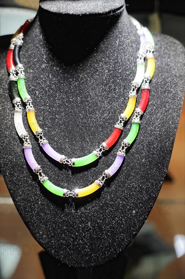 Xian, Shaanxi Province, China, Asia, A colourful necklace presented in a jewellery showcase, luxury accessory, Xian, Shaanxi Province, China, Asia