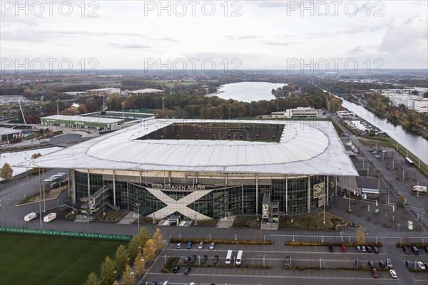 Aerial view of the VFL Wolfsburg football stadium, 25 October 2015, Wolfsburg, Lower Saxony, Germany, Europe