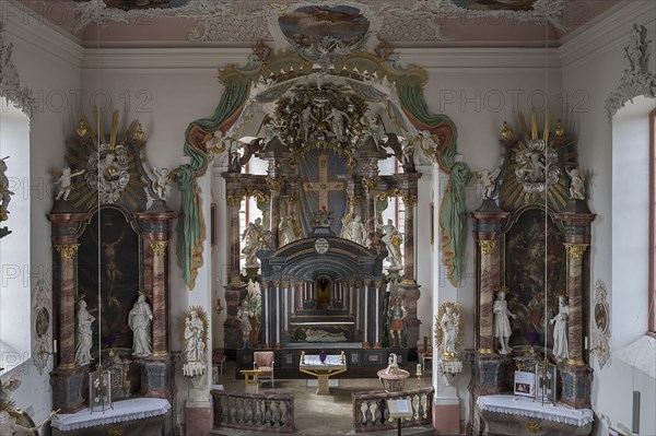 Chancel with the Holy Sepulchre, behind it the historic Lenten cloth, St Wendelin, Eyershausen, Lower Franconia, Bavaria, Germany, Europe