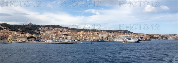 View from the sea, harbour and town of Maddalena, panoramic view, Isola La Maddalena, Sardinia, Italy, Europe